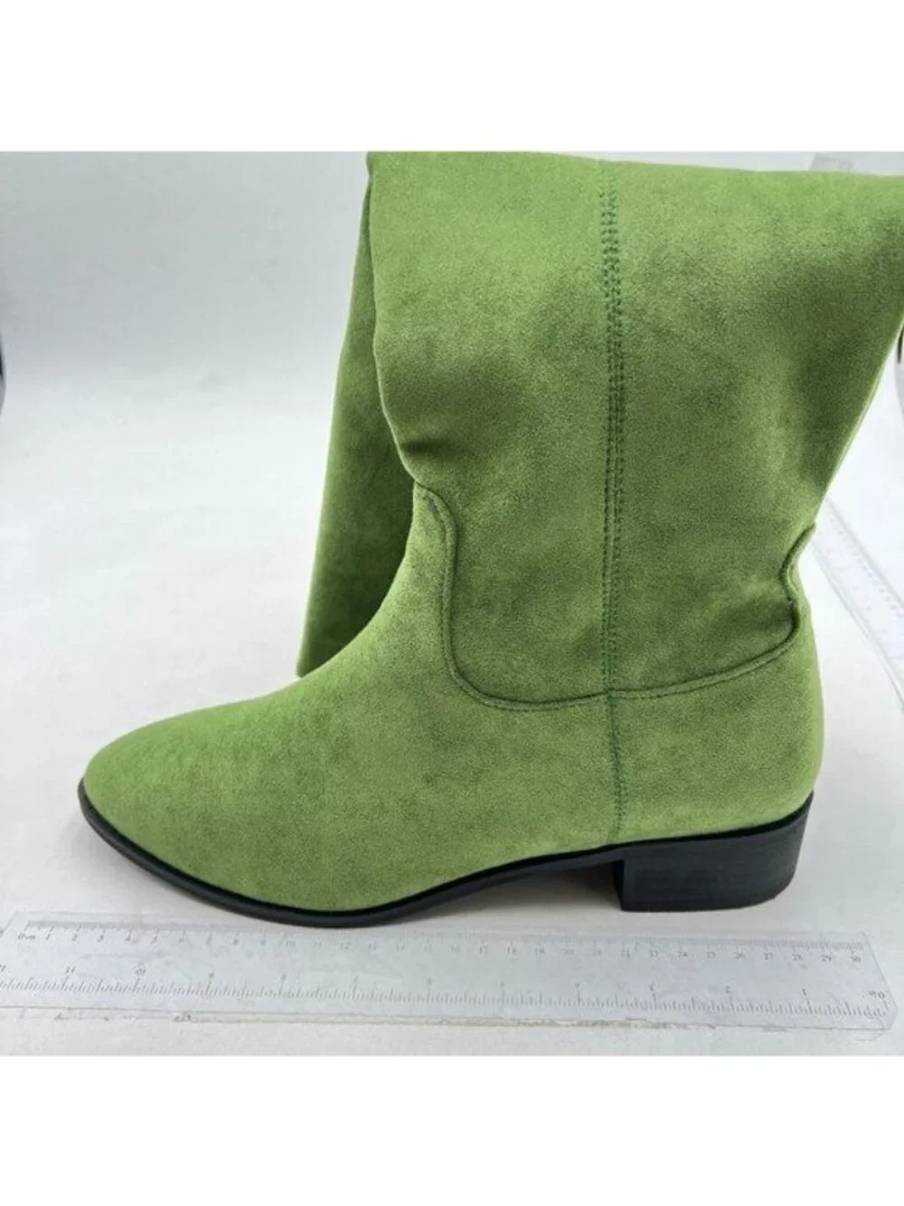 Knee High Boots Women Faux Leather Elastic Boots Low Heel Round Toe Green